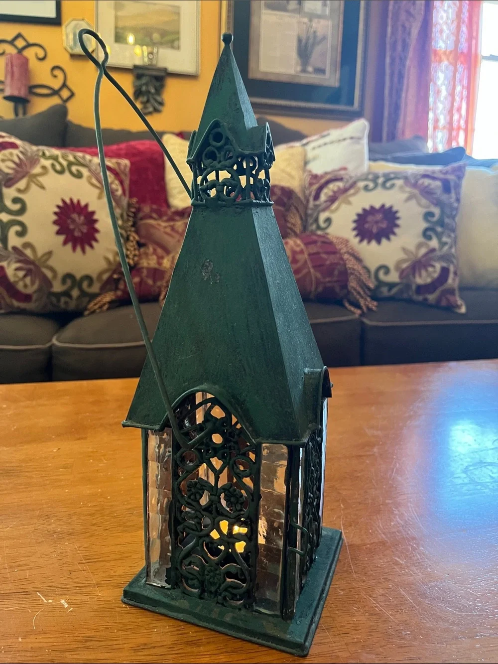 Green Decorative Metal and Glass Cathedral style tea light Lantern